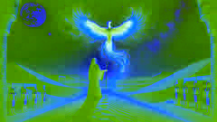 Die Prophetin Tefnut beobachtet den Phönix, der vom Himmel herabsteigt und die ägyptische Wüste erleuchtet.