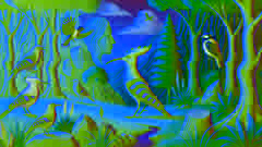 Un paisaje exuberante con diversas aves enfrentando dudas, guiadas por el abubilla.