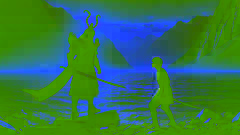 Batyr confrontando Aiman e Kairat à beira do lago Tiyayogol ao amanhecer, com o sol nascente e as águas cintilantes ao fundo.