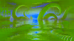 The Kraken's tentacles begin to rise from a calm ocean at dusk, with a distant ship unaware of the danger.