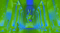 Intérieur du temple d'Anubis avec des colonnes sculptées, un autel en or, et le scribe agenouillé devant le dieu à tête de chacal.