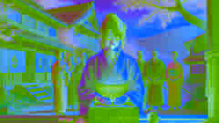 Ayako kniet vor einem Schrein in einer friedlichen Dorfszene, umgeben von Dorfbewohnern und Kirschblüten.