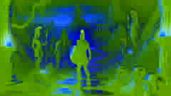 Perseus approaches Medusa’s lair, surrounded by eerie statues and rocky cliffs under moonlight.