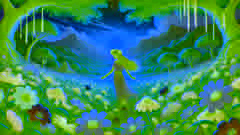 Xochiquetzal camina por un tranquilo campo de flores, dejando un rastro de belleza mientras las montañas se alzan en la distancia.