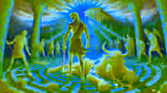Teseo emerge victorioso del Laberinto al amanecer, con el Minotauro derrotado en las sombras y jóvenes detrás de él.