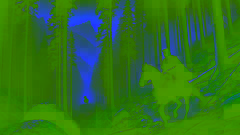Rostam cabalga a través de un bosque brumoso, con su espada desenvainada, dirigiéndose hacia la sombría guarida del Div-e Sefid.