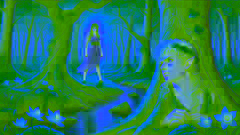 Echo hides behind a tree, watching Narcissus as he hears her voice echoing by a quiet stream in the forest.