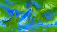 Esfandiyar se confronte à un colossal dragon cracheur de feu dans un désert désolé, tenant son bouclier.