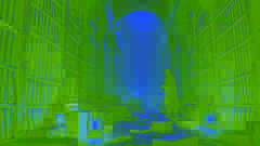 Edgar descubriendo una biblioteca subterránea oculta, repleta de libros antiguos y pergaminos, débilmente iluminada por faroles dispersos.