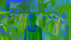 The girl, fully integrated into village life, stands in a lively medieval market, conversing with villagers.