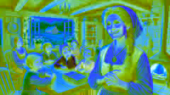 Karen em uma pequena cabana, ensinando crianças com um sorriso caloroso, personificando bondade e humildade.