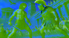 Achilles and Hector duel fiercely outside the walls of Troy with onlookers watching in tension.