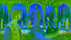 Farhad y Shirin intercambian miradas en un jardín persa, mientras Shirin camina con gracia entre flores vibrantes.