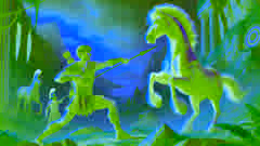 Aquiles treinando com Quíron, o centauro, nas montanhas da Grécia, com uma lança em mãos e determinação no olhar.