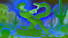 Pecos Bill luchando contra una enorme serpiente de cascabel en el desierto, mostrando su fuerza y valentía.