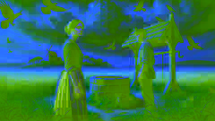 Brigid and Darragh stand by a well, surrounded by misty fields under an ominous sky filled with circling crows.