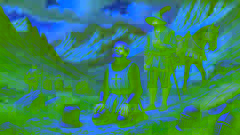 The Knight performing penance in the Sierra Morena mountains, with The Squire holding a letter.