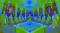 Chang'e solving the puzzle in the Heavenly Court, observed by gods and deities.