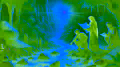 Arash y Soraya estudian un mapa junto al resplandeciente Río de Oro, rodeados de vegetación exuberante y un terreno rocoso.