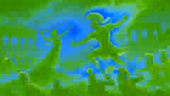 Athene und Ares kämpfen leidenschaftlich auf dem Schlachtfeld von Phlegra, umgeben von Soldaten, die voller Ehrfurcht zusehen.