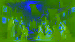 Los aldeanos asustados se reúnen en un pueblo tenuemente iluminado, susurrando sobre la aparición del Perro Negro.