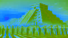Los sacerdotes del Templo Mayor realizan un sacrificio ritual al atardecer, mientras la pirámide se baña en luz dorada.