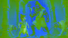 Ganesha confronts Lord Shiva outside Parvati's quarters, both standing ready in a tense standoff.