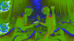 Katniss et Peeta se tiennent dans une clairière sombre de la forêt, tenant des baies toxiques, résolus à défier le Capitole.