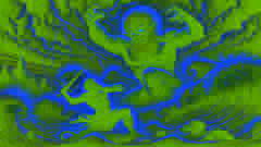  Bahram fighting the demon of the Caspian Sea amid crashing waves and stormy skies, wielding his sword.