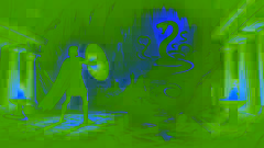 Perseus nähert sich vorsichtig Medusas dunklem Versteck. Um ihrem tödlichen Blick zu entkommen, nutzt er seinen Schild, um ihr Spiegelbild zu sehen.