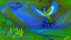 El Simurgh se eleva sobre los aldeanos persas, simbolizando esperanza y sabiduría.