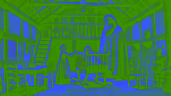 Oonagh disfrazando a Finn MacCool de un gigante bebé en una cuna dentro de su hogar, preparándose para la llegada de Benandonner.
