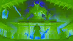 Kiyoshi, el Oni, se enfrenta al warlord en la entrada del pueblo, mientras las llamas iluminan la escena.