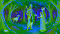 Ravana, disfarçado de asceta, encontra Sita na floresta, com um cervo dourado ao fundo.