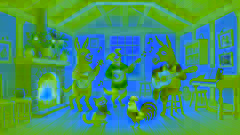 Donkey, dog, cat, and rooster playing music in a cozy, well-lit room with wooden furniture and a fireplace, all looking happy.
