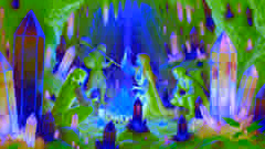 Elara y sus amigos en las Cuevas de Cristal, purificando cristales contaminados.