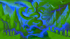 Tren Tren and Cai Cai, colossal serpents of earth and sea, clash in an epic battle while Lituche and Kuyén watch from a cliff.