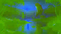 Naru habla con el Bunyip al atardecer junto al río, señalando un momento de entendimiento y paz.