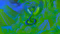 La forma de serpiente emplumada de Quetzalcóatl se entrelaza con vegetación y artefactos mesoamericanos.