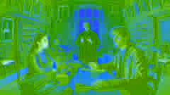 Robert Langdon, Sophie Neveu und Leigh Teabing in seinem Büro, diskutieren über die Geheimnisse des Heiligen Grals.