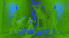 Un niño se enfrenta a un gigantesco perro de tres cabezas en un oscuro pasillo, mientras sus amigos lo miran con preocupación, con la tenue luz de una antorcha parpadeando.