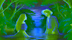 María se encuentra con Antonio a orillas del río Amazonas; él emerge del agua bajo un cielo colorido al anochecer.