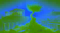 The Sacred Olive Tree sprouts a new shoot amidst the ruins of Athens after the Persian invasion, glowing under Athena's protection.