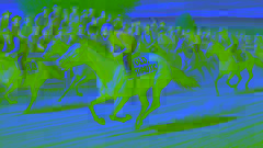 Jim Smiley's tired, asthmatic horse galloping slowly in a race, with spectators watching and laughing