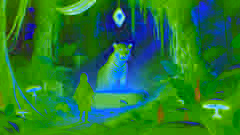 Ein leuchtender Stein in einer Lichtung des Waldes, während ein Jaguar mit Maia spricht, umgeben von lebhaften Pflanzen.