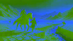 Rostam and his horse Rakhsh struggle through a barren desert under a blazing sun, searching for water.