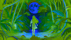 Naiá läuft barfuß durch den Amazonas-Regenwald bei Nacht, beleuchtet von dem leuchtenden Mond über ihr.