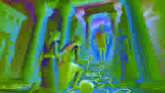 Theseus emerging from the Labyrinth, with Ariadne waiting at the entrance, showing relief and hope.