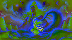 Lord Shiva controls the powerful flow of the Ganges River on his matted hair as it descends from the heavens.