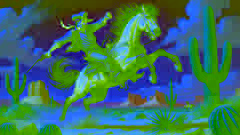 Pecos Bill domando al salvaje mustang llamado Widow-Maker en un polvoriento paisaje del desierto.